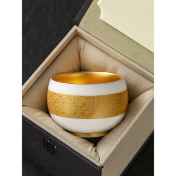 高檔大師手工999純銀杯子養生羊脂玉鎏金銀主人茶杯建盞功夫茶具