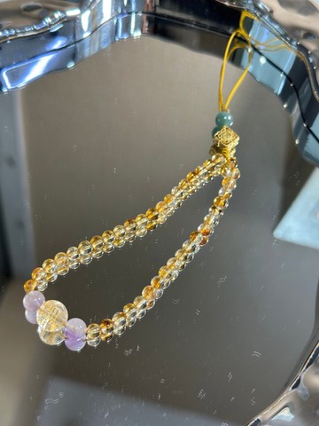 天然黃塔晶手機掛 規格4.8公釐 搭配天然紫超七 翡翠 白水