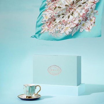 萬事利絲瓷禮桑蠶絲絲巾75cm方巾夫人禮禮陶瓷杯禮盒-盛世芳華