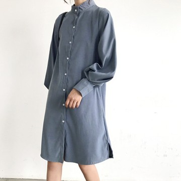 優雅歐美範立領燈籠袖襯衫洋裝(KDD-5520B)