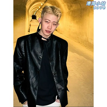 【痞帥高定】皮衣外套 男裝夾克 潮牌外套 中山裝 機車夾克 黑色鱷魚紋 短款修身 春秋季穿搭 小眾設計感