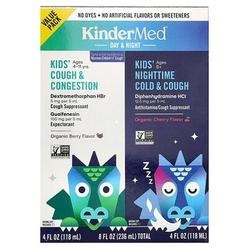 KinderFarms, KinderMed®，兒童日夜間咳嗽、鼻塞、着涼舒緩液，2 瓶，每瓶 4 液量盎司（118 毫升）。
