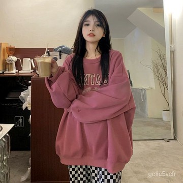 粉色加絨加厚衛衣女秋冬新款慵懶風寬鬆字母印花oversize上衣卡通衛衣 卡通衛衣 女生外套ins 設計感衣服 美式複古