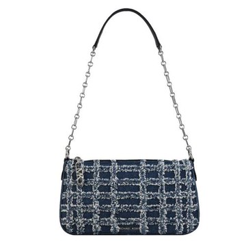 MICHAEL KORS EMPIRE 小香風格紋毛邊拉鍊單肩包.牛仔藍