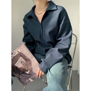 藏青色太空棉美式復古衛衣女春秋2025新款設計感小眾寬松顯瘦上衣