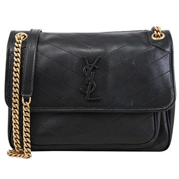YSL 498894 NIKI 經典LOGO羊皮翻蓋中號肩/斜背鍊包.黑