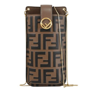 FENDI 8M0443 FF LOGO 經典立體壓花鏈帶斜背手機包.深咖