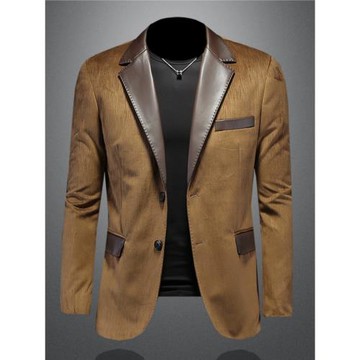 歐洲站鹿皮絨西裝外套男士秋冬季新款拼皮肌理感休閑單件條絨西服