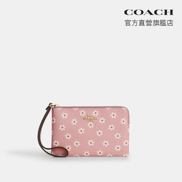 【COACH】花卉印花角拉鍊手手腕包-IM/粉色混合色(CEX39)｜官方直營