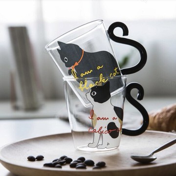 貓尾杯玻璃杯子水杯玻璃杯辦公室咖啡杯白貓杯子水杯黑貓杯-黑/白【AAA4207】