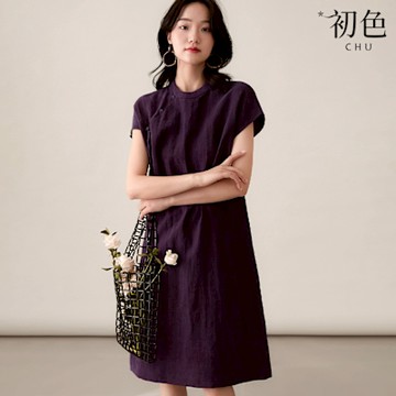 初色 新中式復古立領盤扣短袖旗袍寬鬆中長裙連衣裙連身洋裝長裙-紫色-12710(M-XL可選)