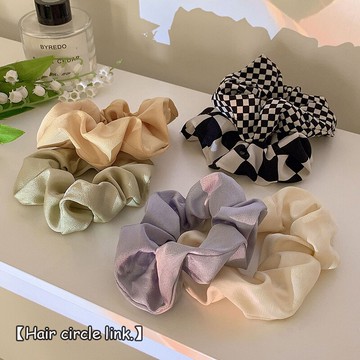 韓國簡約少女純色大腸發圈棋盤格發繩氣質扎馬尾黑色頭繩皮套頭飾