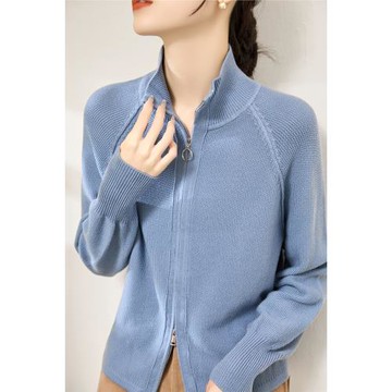 2024年時尚厚款長袖百搭上衣女高級立領拉鏈羊毛寬松毛衣針織開衫