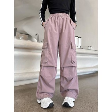 女大童褲子工裝褲秋冬季2025新款女孩秋冬裝加絨休閑直筒闊腿褲。