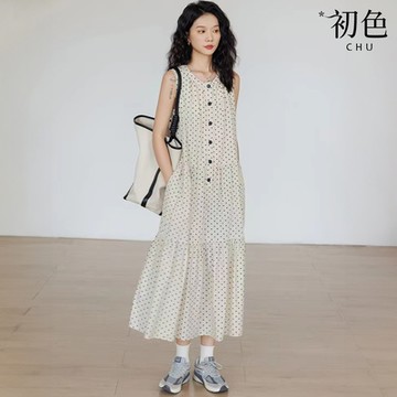 初色 慵懶風寬鬆圓點印花圓領無袖A字裙中長裙連衣裙連身洋裝-白底圓點-10109(M-2XL可選)