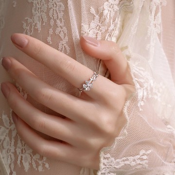 S925純銀幸運花朵愛心食指環女求婚日韓時尚閃鉆小四葉草開口戒指