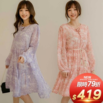 ★限時下殺$419★MIUSTAR 淡花水墨前綁帶雪紡短洋裝(共2色)0207 預購【NL3398】