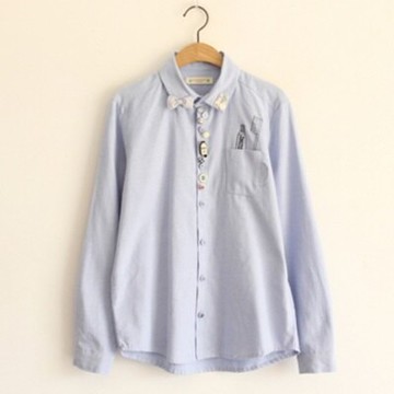 現貨+預購 長袖襯衫 女上衣-棉質日常休閒牙刷刺繡女襯衫2色73f7【獨家進口】【米蘭精品】