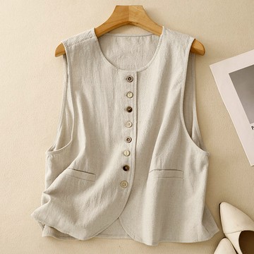 【ACheter】文藝小圓領棉麻隨性馬甲排扣疊穿無袖背心短版上衣# 124291