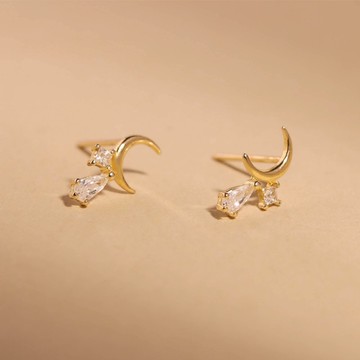 s925銀月亮星星耳釘 韓系簡約百搭氣質耳釘 防敏感耳釘