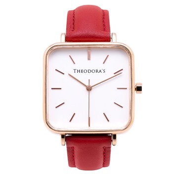 【THEODORA'S】Hebe 簡約方形真皮手錶 方形白-真皮紅【希奧朵拉】