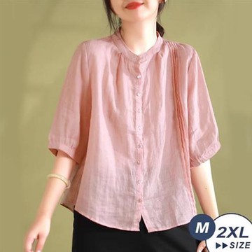 【LANNI 藍尼】★氣質棉麻風琴摺五分袖襯衫(T恤/開衫/休閒)