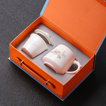 泡茶杯茶水分離馬克陶瓷杯 陶瓷會議水杯大容量帶蓋茶水分離羊脂玉辦公杯帶把手家用泡茶喝水