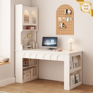【奶油風轉角】實木書桌 梳妝檯 電腦桌 書桌書架一體 轉角書桌 奶油風設計 實木材質 多功能組合 小戶型臥室 學習辦公梳妝