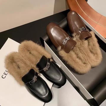 袁圈圈法式鎖扣包頭穆勒鞋2023年新款懶人一腳蹬毛毛單鞋樂福鞋女