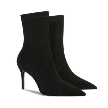 2025秋冬新款尖頭細高跟中筒黑色瘦瘦靴百搭彈力絨面舒適女短靴子