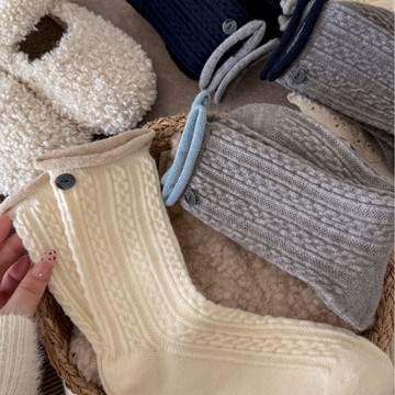 ins秋冬新款暖絨羊毛麻花中筒襪撞色卷邊羅口百搭加厚保暖堆堆襪