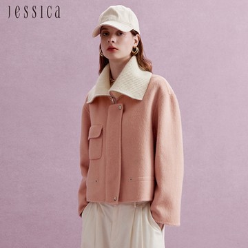 JESSICA - 百搭可愛針織翻領撞色羊毛呢外套（粉）J44C05
