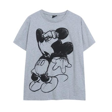 外貿夏季素描卡通印花短袖T恤女 寬松大碼俏皮甜美休閑舒適上衣