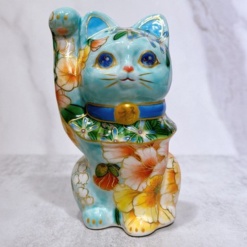 【水映華彩】日本清水燒招財貓 | 色繪 水色 洋花