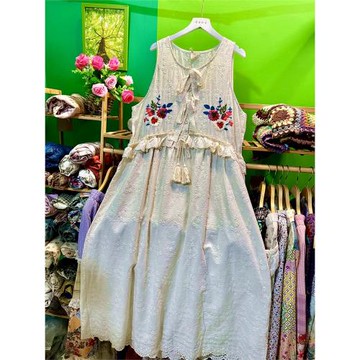 熊姑娘背心長裙/繡花純棉/田園森系無袖連衣裙加長款夏寬松大碼白