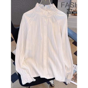 長袖上衣甜美法式木耳荷葉邊立領襯衫女2024年秋季眾白色內搭打底