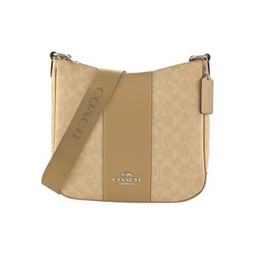 [平輸版] 【COACH】沙黃色C LOGO防刮PVC 拼接奶茶色素面皮革拉鍊斜背扁包 真品平輸