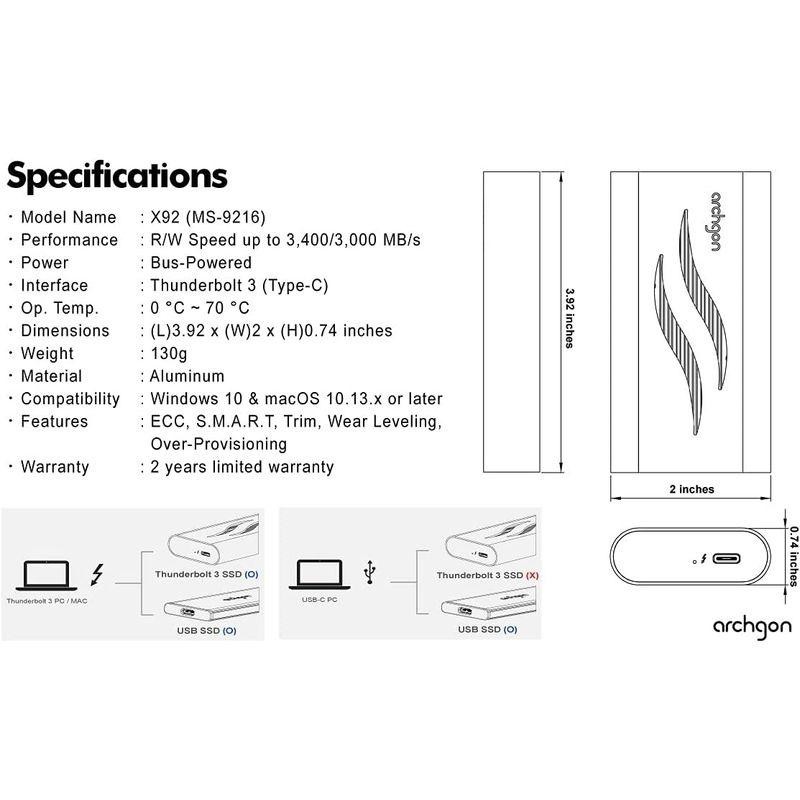 Archgon Thunderbolt 3 2TB 外付け M.2 NVMe PCIe Gen3×4 SSD