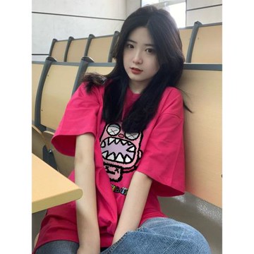火龍果色純棉短袖t恤女夏季2025新款設計感小眾寬松oversize上衣