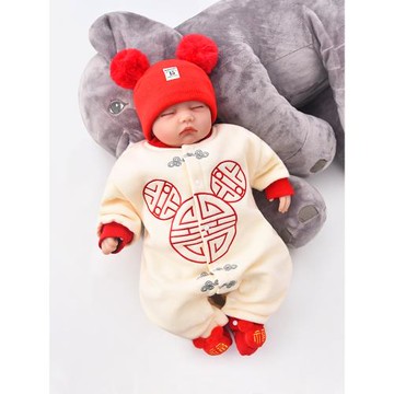 嬰兒拜年服連體衣加絨冬裝女喜慶過年爬服男寶寶百天衣服抓周套裝