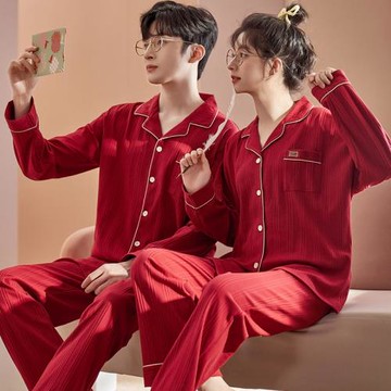 喜慶睡衣情侶裝春秋款紅色本命年新娘女款結婚純棉套裝男士家居服