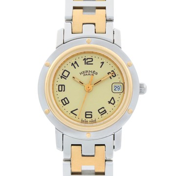 HERMES 愛馬仕 米白色錶盤 鍍金 不鏽鋼 Clipper 石英腕錶 CL4.220 【二手名牌BRAND OFF】
