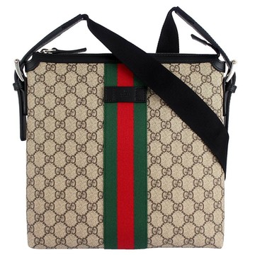 GUCCI 古馳  Supreme 防水布皮邊綠紅織帶方形斜背包
