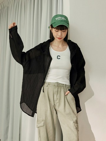 微透細條紋理長版連帽罩衫外套