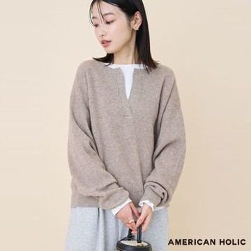 〈AMERICAN HOLIC〉柔軟觸感華夫格針織V領上衣