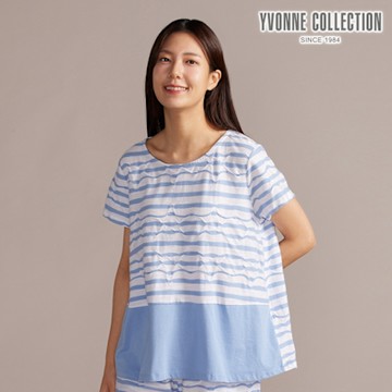 YVONNE 以旺傢飾 凸條提花拼接短袖上衣-海島藍