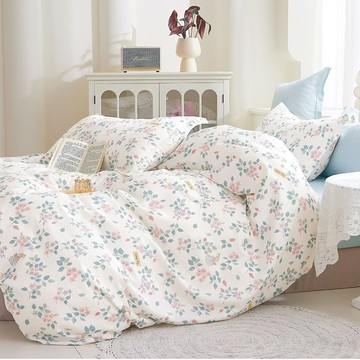 J-bedtime 床寢時光 100%純棉兩用被床包枕套4件組 SW9313M-H  小青葉  床包 + 兩用被套 + 枕套 2個  床包 雙人 + 兩用被 King Size