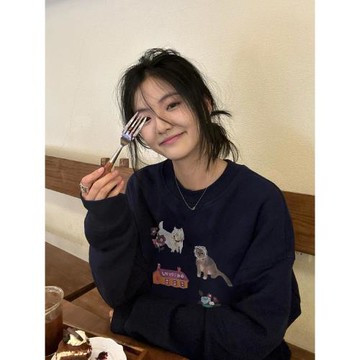 100%純棉美式復古卡通潮牌圓領衛衣女秋冬款薄款加厚慵懶長袖上衣