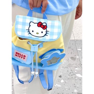 白緹雅甜美可愛ins格子抽繩kt新款書包學院雙肩包凱蒂卡通背包潮