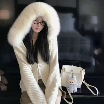 La Belleza名媛風仿兔毛毛毛連帽保暖柔軟毛毛加厚保暖坑條拉鏈針織外套